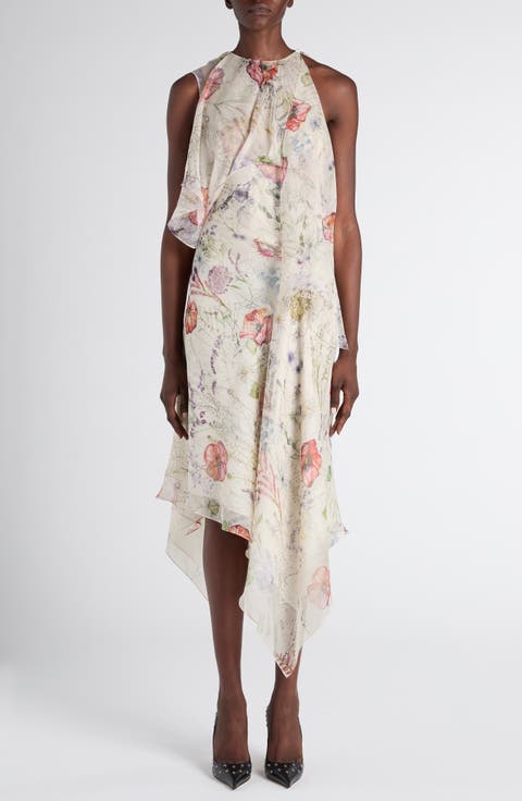 Meadow Floral Print Asymmetric Silk Chiffon Dress