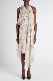 McQueen Meadow Floral Print Asymmetric Silk Chiffon Dress