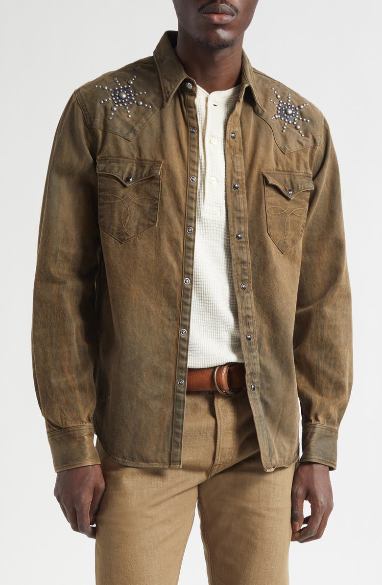 Double RL Buffalo West Slim Fit Studded Denim Western Snap-Up Shirt, Main, color, Distressed Brown Wash