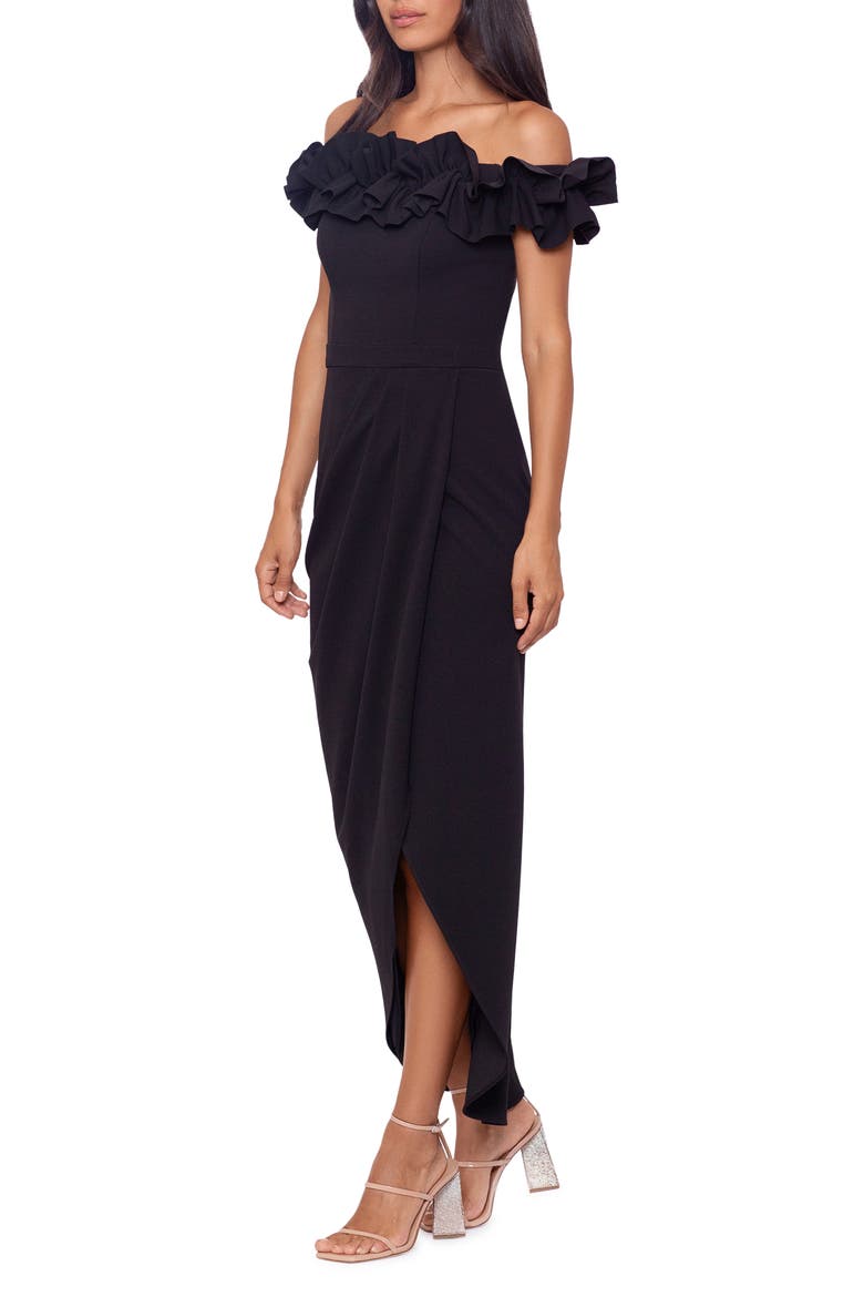 Ruffle Off the Shoulder Scuba Crepe Midi Dress, Alternate, color, BLACK