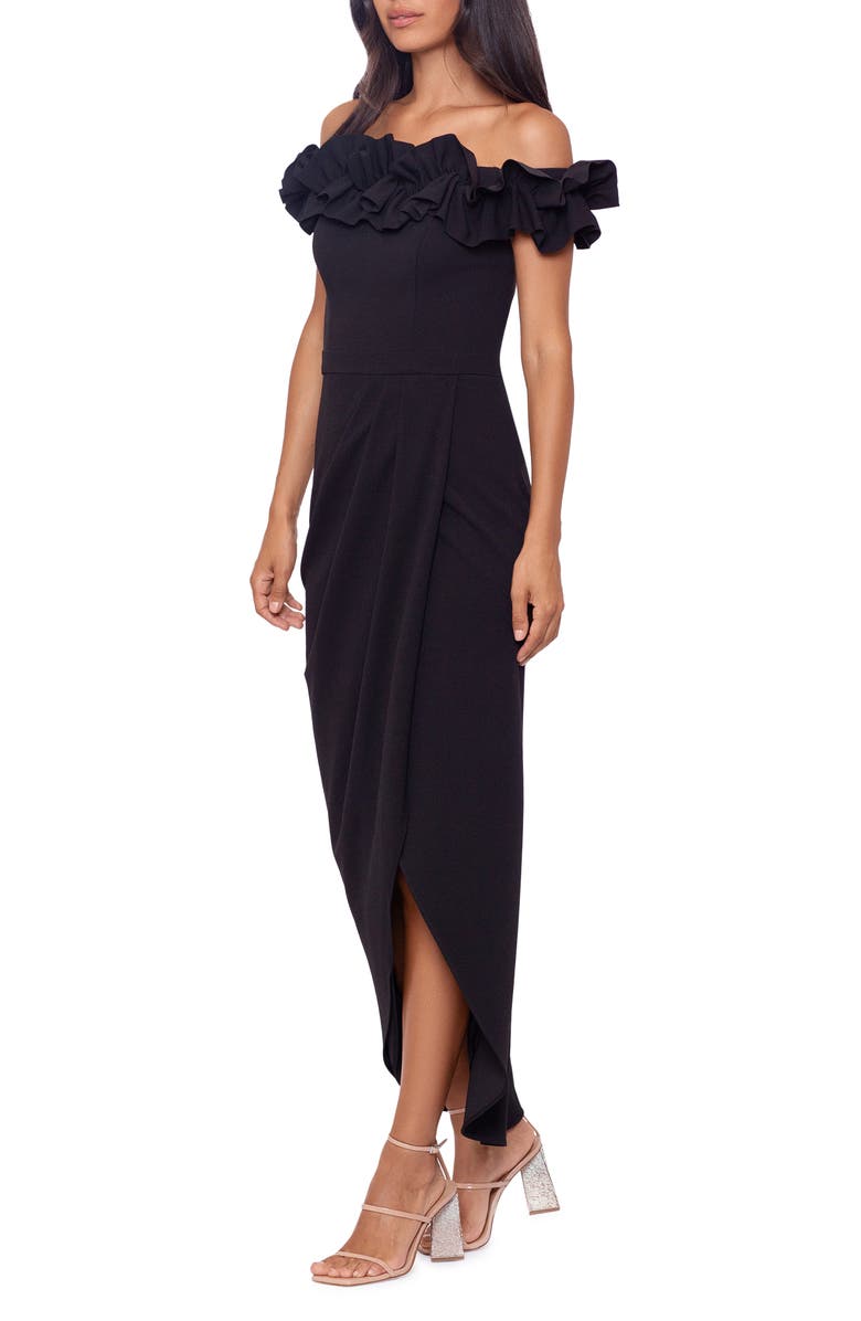 Xscape Evenings Ruffle Off the Shoulder Scuba Crepe Midi Dress, Alternate, color,