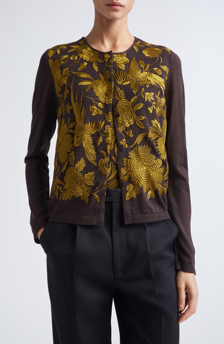 Giambattista Valli Metallic Floral Jacquard Cashmere & Silk Cardigan, Main, color, Brown