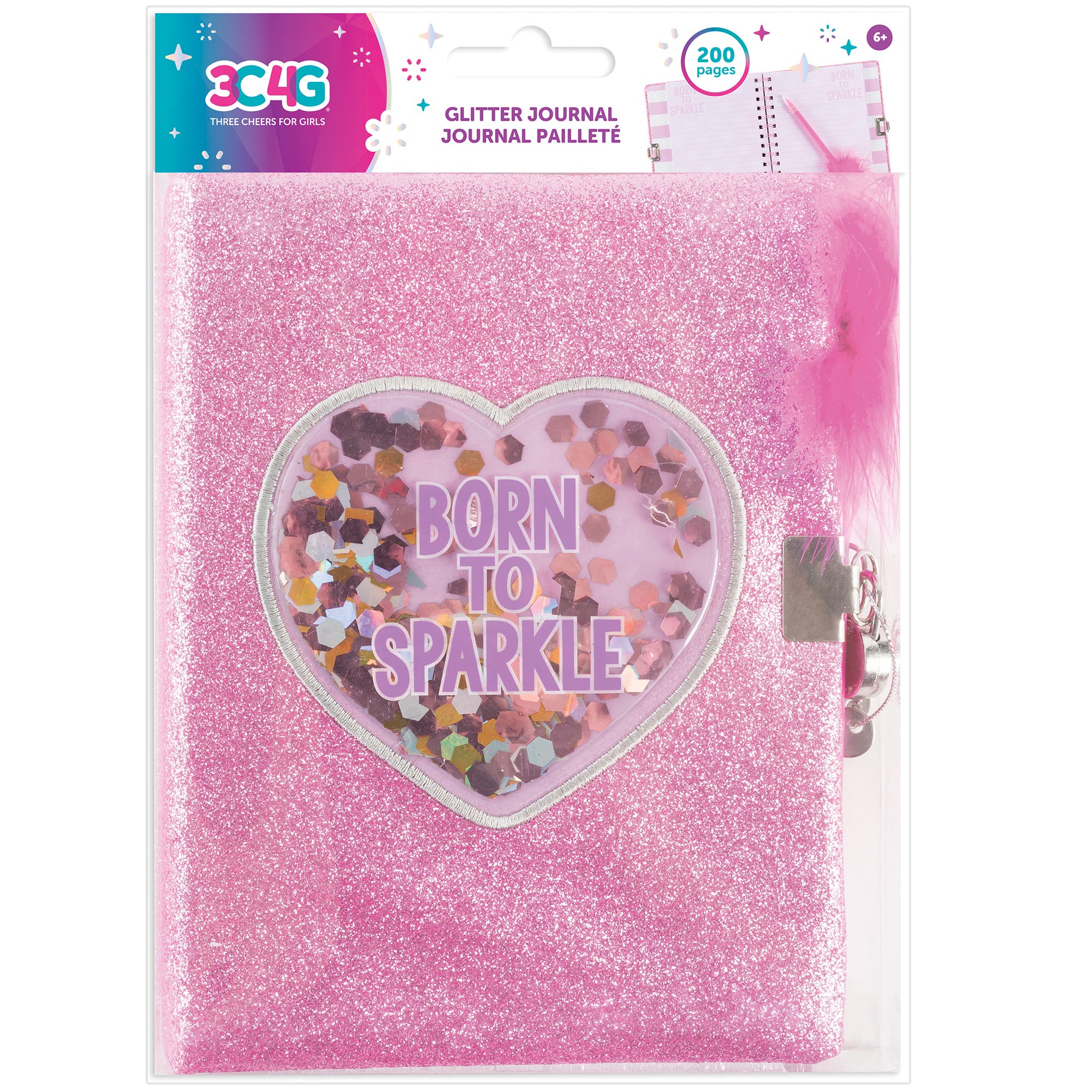 Three Cheers For Girls Born To Sparkle Glitter Locking Journal Pink W/ Matching Pom Pen 