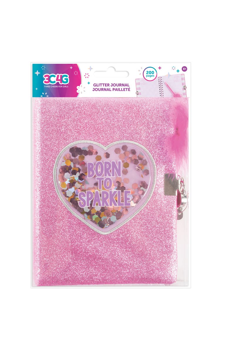 Three Cheers For Girls Born To Sparkle Glitter Locking Journal Pink W/ Matching Pom Pen, Main, color, Pink