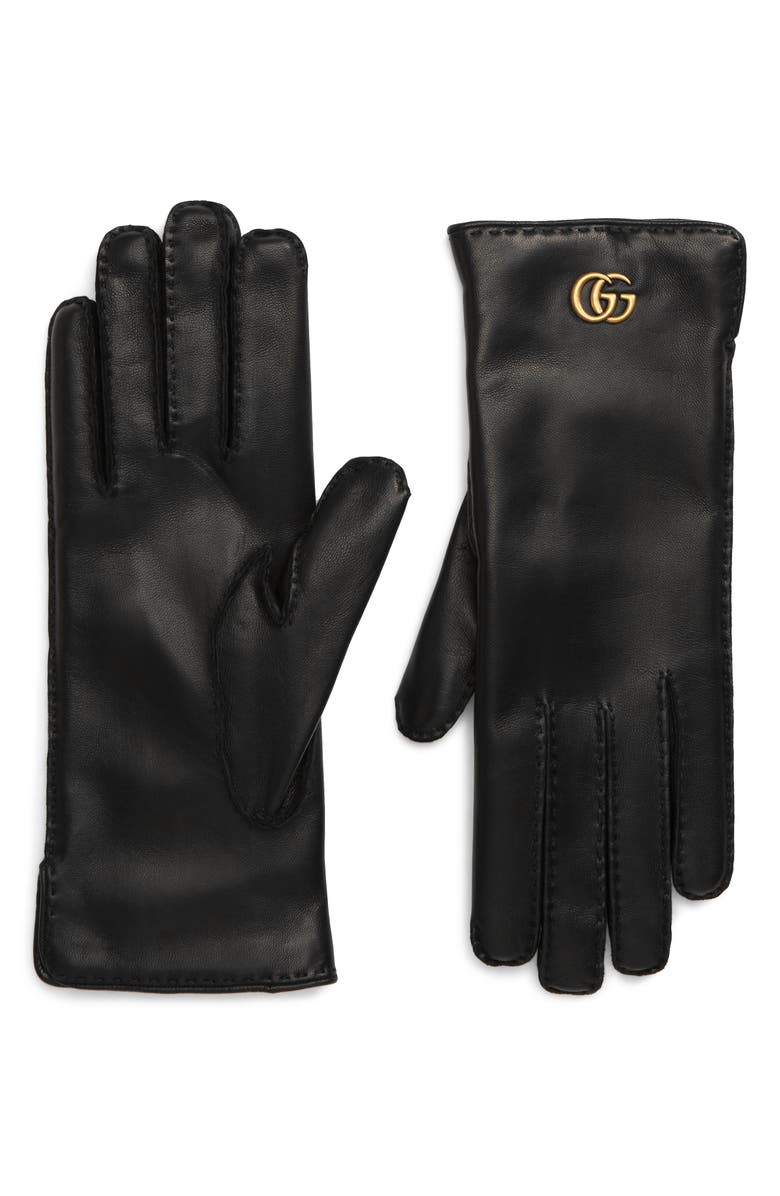 Gucci Maya Double-G Leather Gloves, Main, color, 