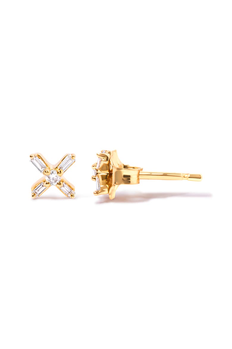 10K Yellow Gold 1/10 Ct Round and Baguette Diamond Criss Cross X Stud Earring, Alternate, color, Yellow