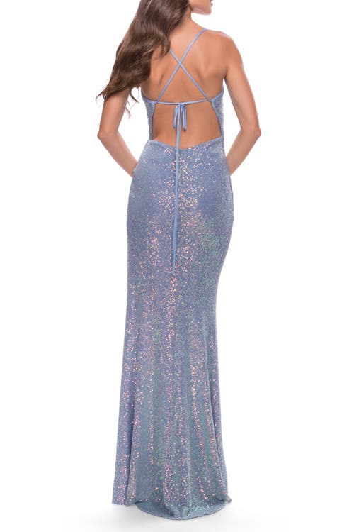 La Femme Sequin Prom Dress With Ruching And Open Tie Back