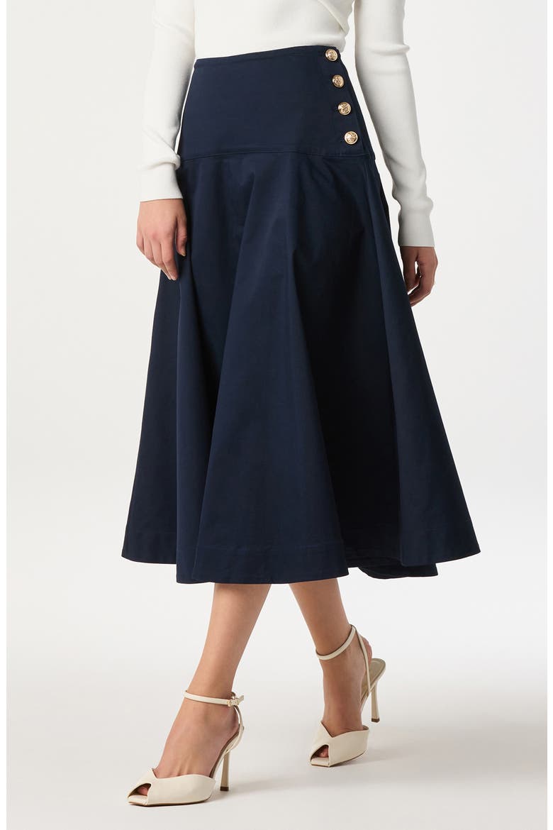 Drop Waist Stretch Cotton Midi Skirt, Alternate, color, NAVY