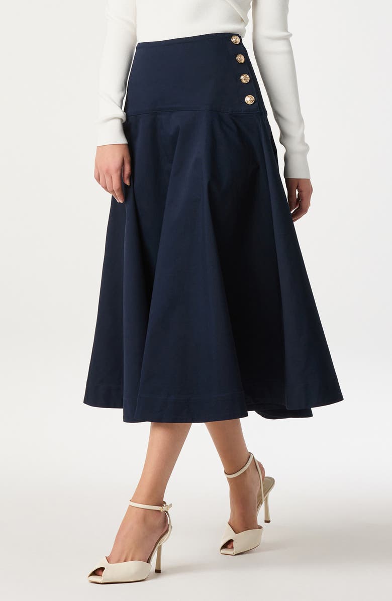 ASTR the Label Drop Waist Stretch Cotton Midi Skirt, Alternate, color, Navy