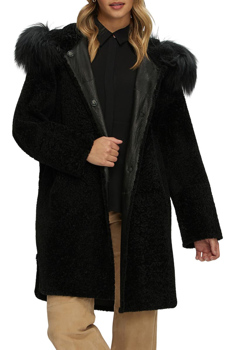 GORSKI Reversible Genuine Shearling Stroller with Genuine Shearling Hood Trim, Alternate, color, Black/Black