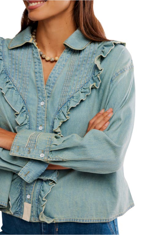 Free People Tattered And Ruffled Chambray Top In Blue