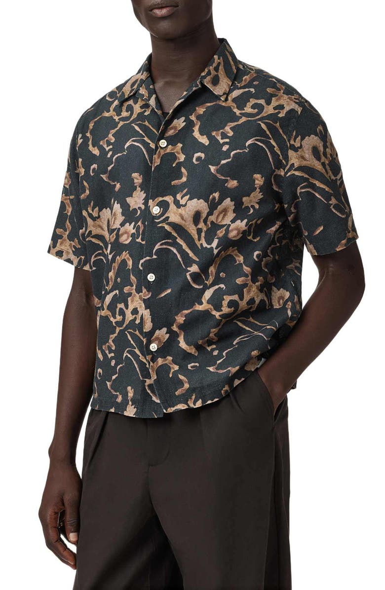 AllSaints Fortune Linen & Cotton Short Sleeve Button-Up Shirt, Alternate, color, Bank Brown