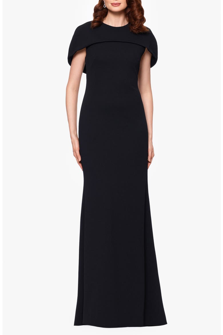 Cape Short Sleeve Scuba Crepe Gown, Main, color, BLACK