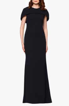 Betsy & Adam Cape Short Sleeve Scuba Crepe Gown