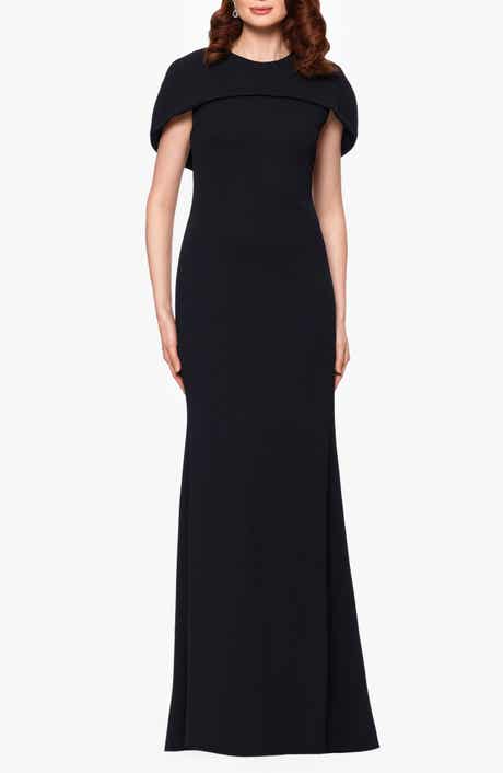 Betsy & Adam Cape Short Sleeve Scuba Crepe Gown