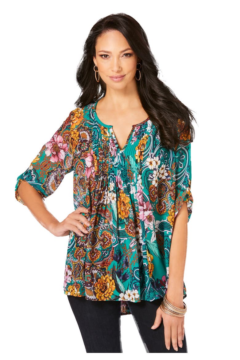 Extended Plus Size Tara Pleated Shirt Adjustable 3/4 Sleeve Swing Tunic With Notch Collar (plus), Main, color, EMERALD PAISLEY GARDEN