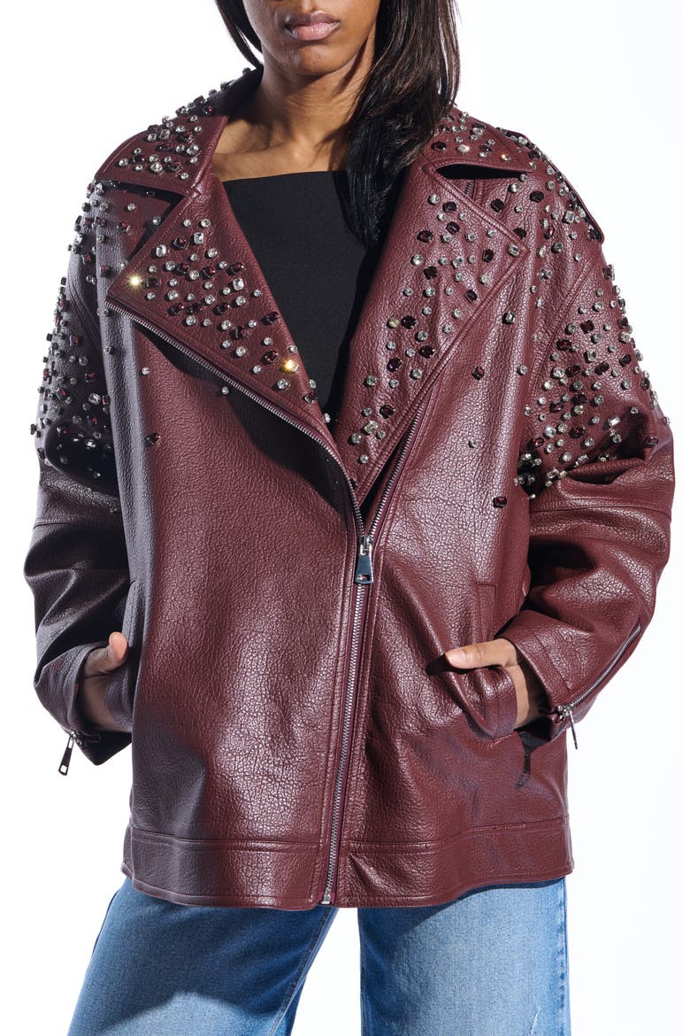 Crystal Studded Oversize Faux Leather Moto Jacket, Main, color, BURGUNDY