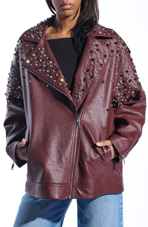 Crystal Studded Oversize Faux Leather Moto Jacket