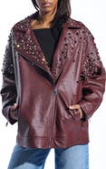AZALEA WANG Crystal Studded Oversize Faux Leather Moto Jacket