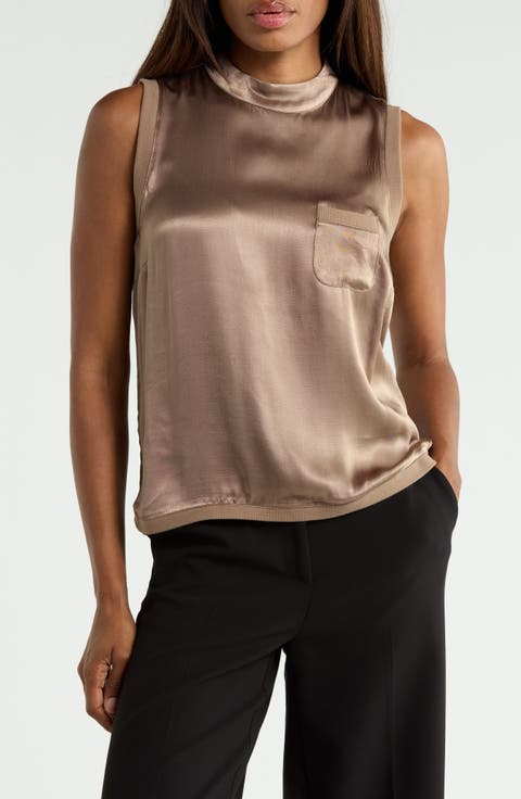 Mock Neck Sleeveless Satin Shell