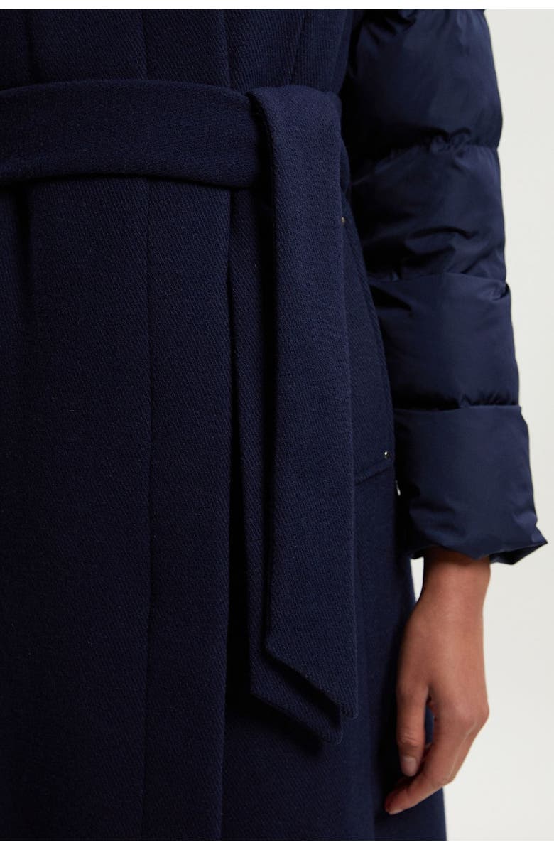 Karen Millen Wool High Neck Puffer Belted Midi Coat, Alternate, color, Navy