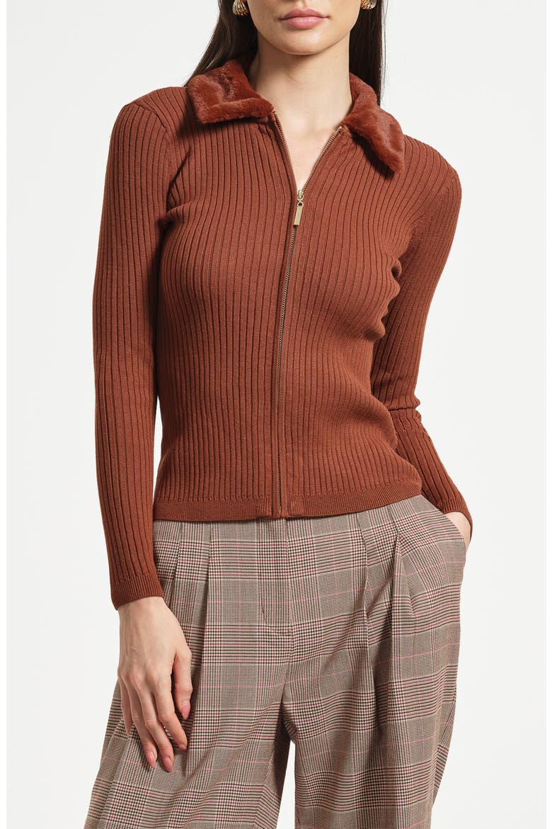 Faux Fur Collar Rib Cardigan, Main, color, DACHSHUND