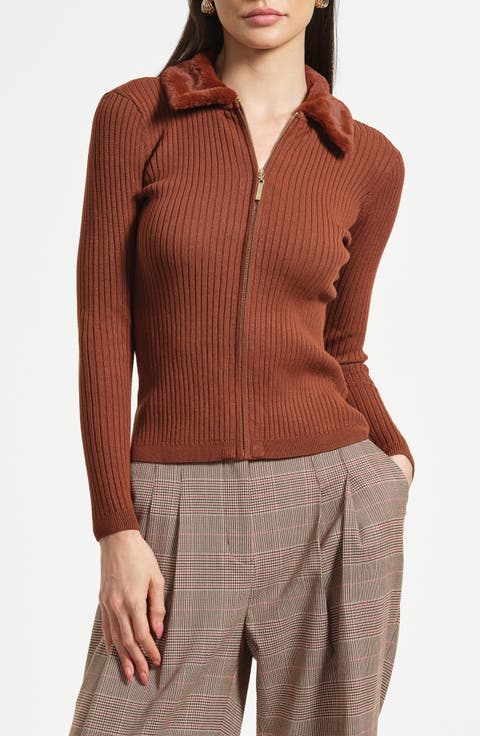 Faux Fur Collar Rib Cardigan