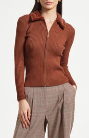 Isaac Mizrahi New York Faux Fur Collar Rib Cardigan