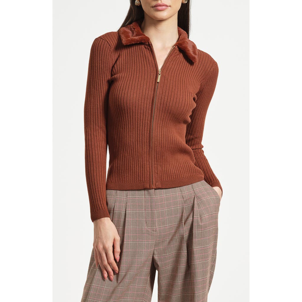 Isaac Mizrahi New York Faux Fur Collar Rib Cardigan In Brown