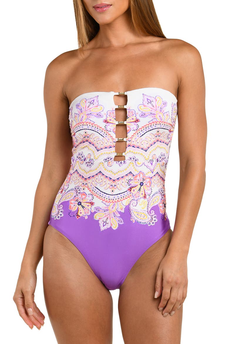 Lilac Cascade Bandeau One-Piece Swimsuit, Alternate, color, PURPLE MULTI