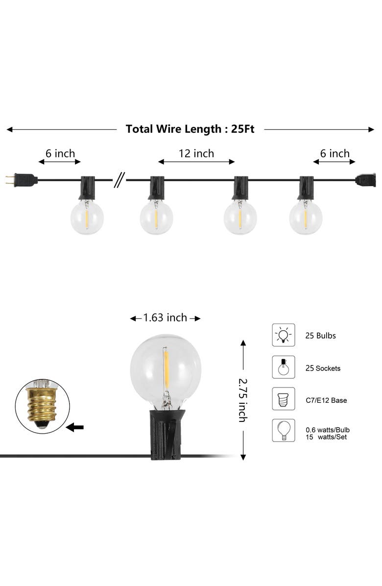 JONATHAN Y 25-Light Indoor/Outdoor 25 ft. Contemporary Rustic Incandescent G40 Bistro Globe Bulb String Lights, Alternate, color, Black