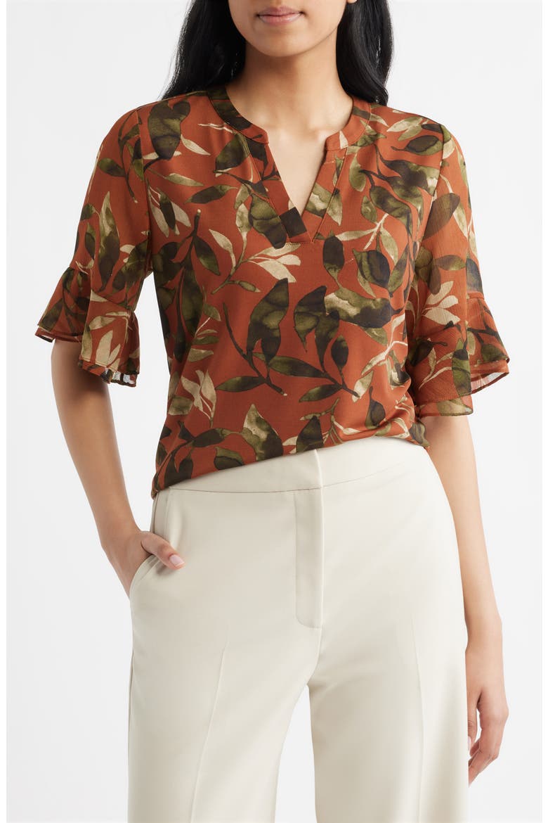 Leaf Print Ruffle Sleeve Shirt, Main, color, CEDAR SPC MLT