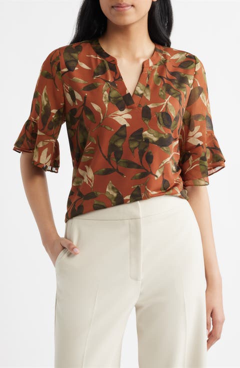 Leaf Print Ruffle Sleeve Shirt