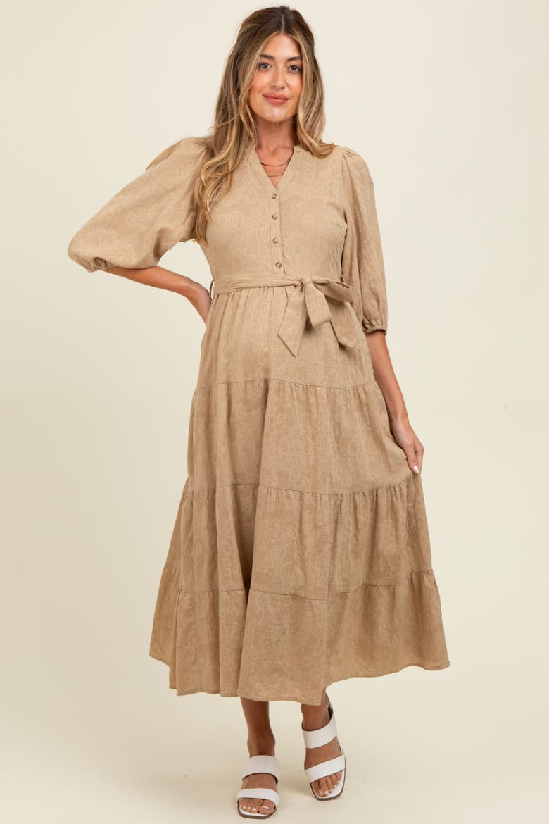 Floral Jacquard Button Front Tiered Dress, Alternate, color, Taupe