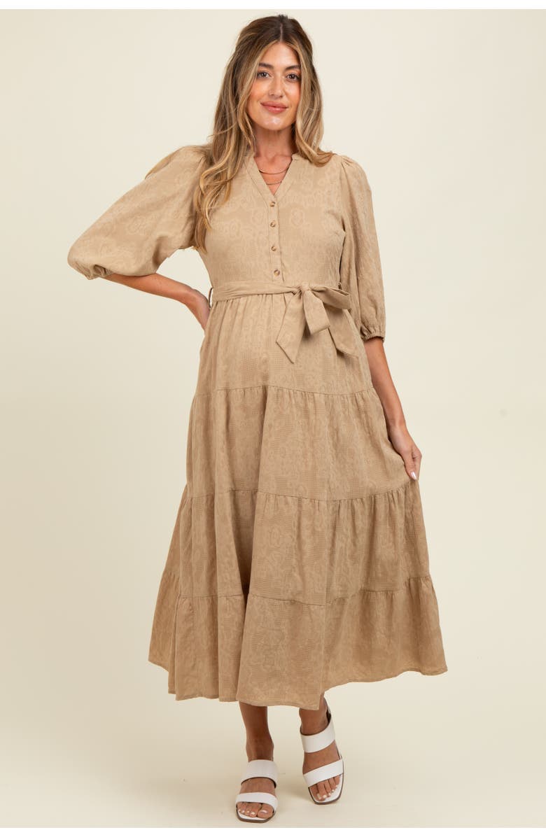 PinkBlush Floral Jacquard Button Front Tiered Dress, Alternate, color, Taupe