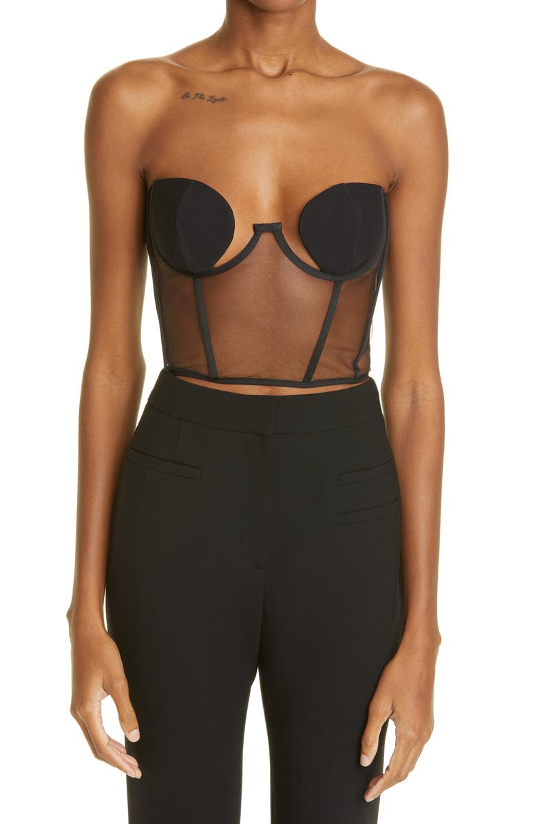 Nensi Dojaka Strapless Crop Underwire Mesh Corset Top, Main, color,