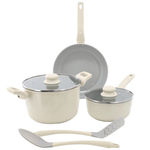 7pc Ceramic Nonstick Aluminum Cookware Set in Linen