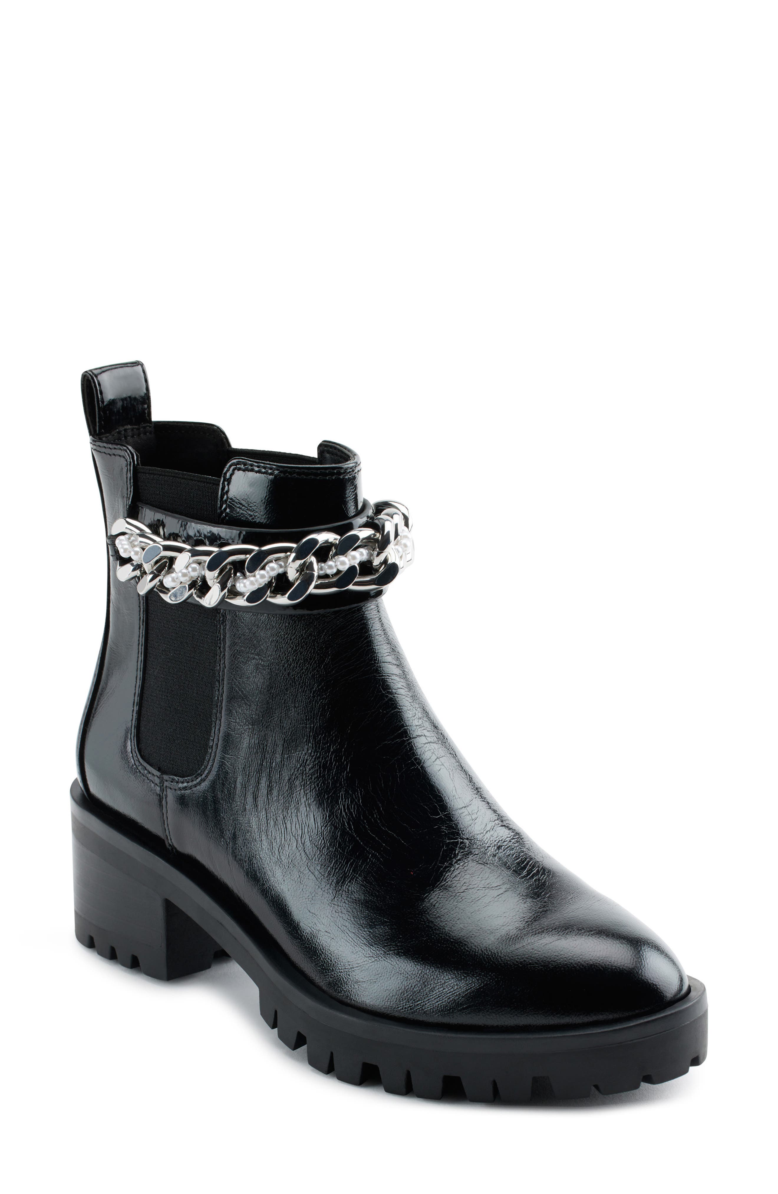 KARL LAGERFELD PARIS Porshay Lug Sole Bootie, Main, color, Black Silver Chain