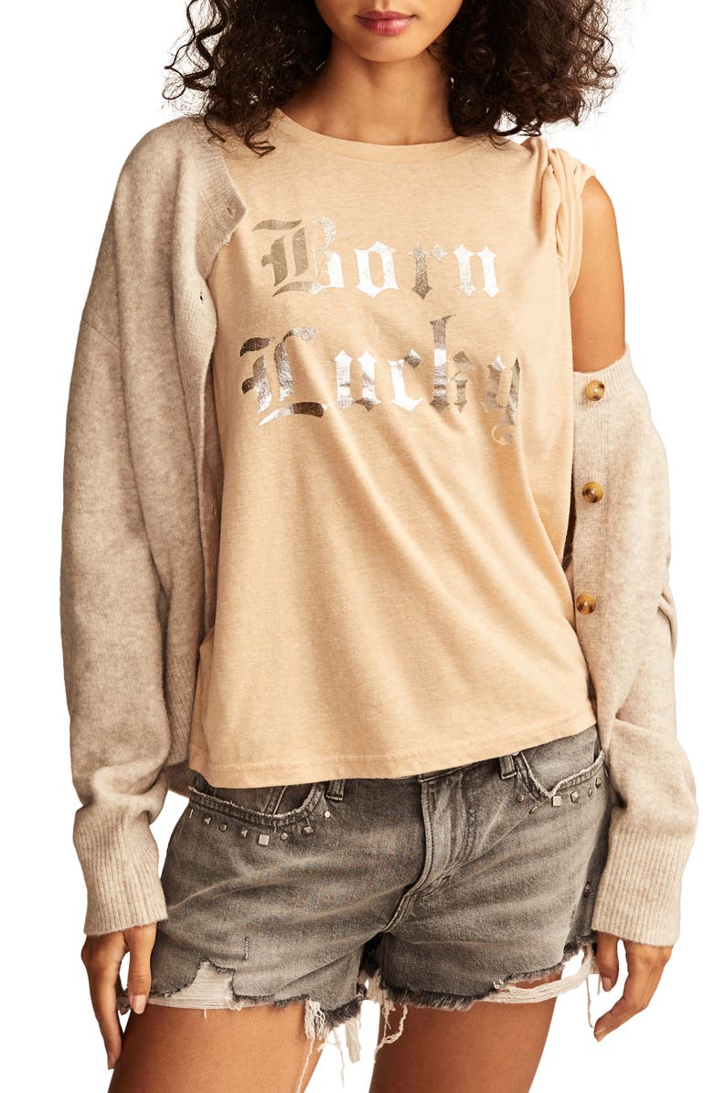 Lucky Brand Born Lucky Metallic Graphic T-Shirt, Main, color, Sand