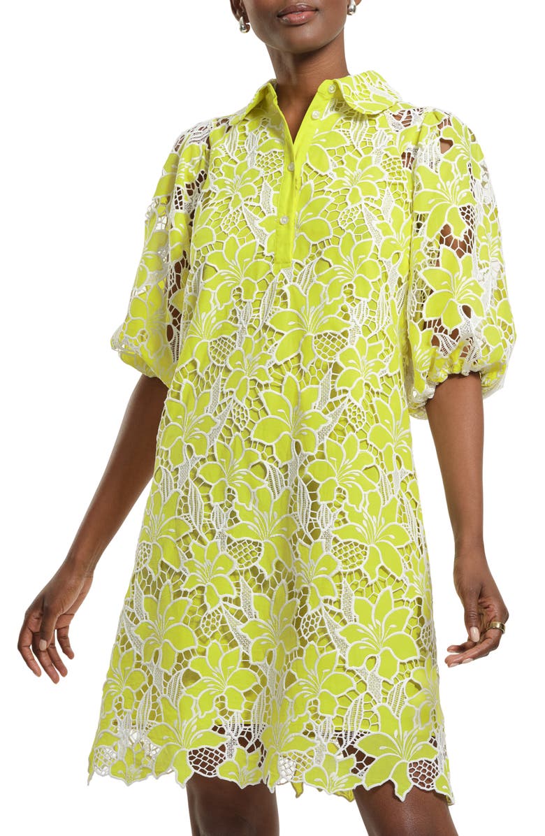 Isaac Mizrahi New York Floral Lace Eyelet Swing Shirtdress, Main, color, Lime