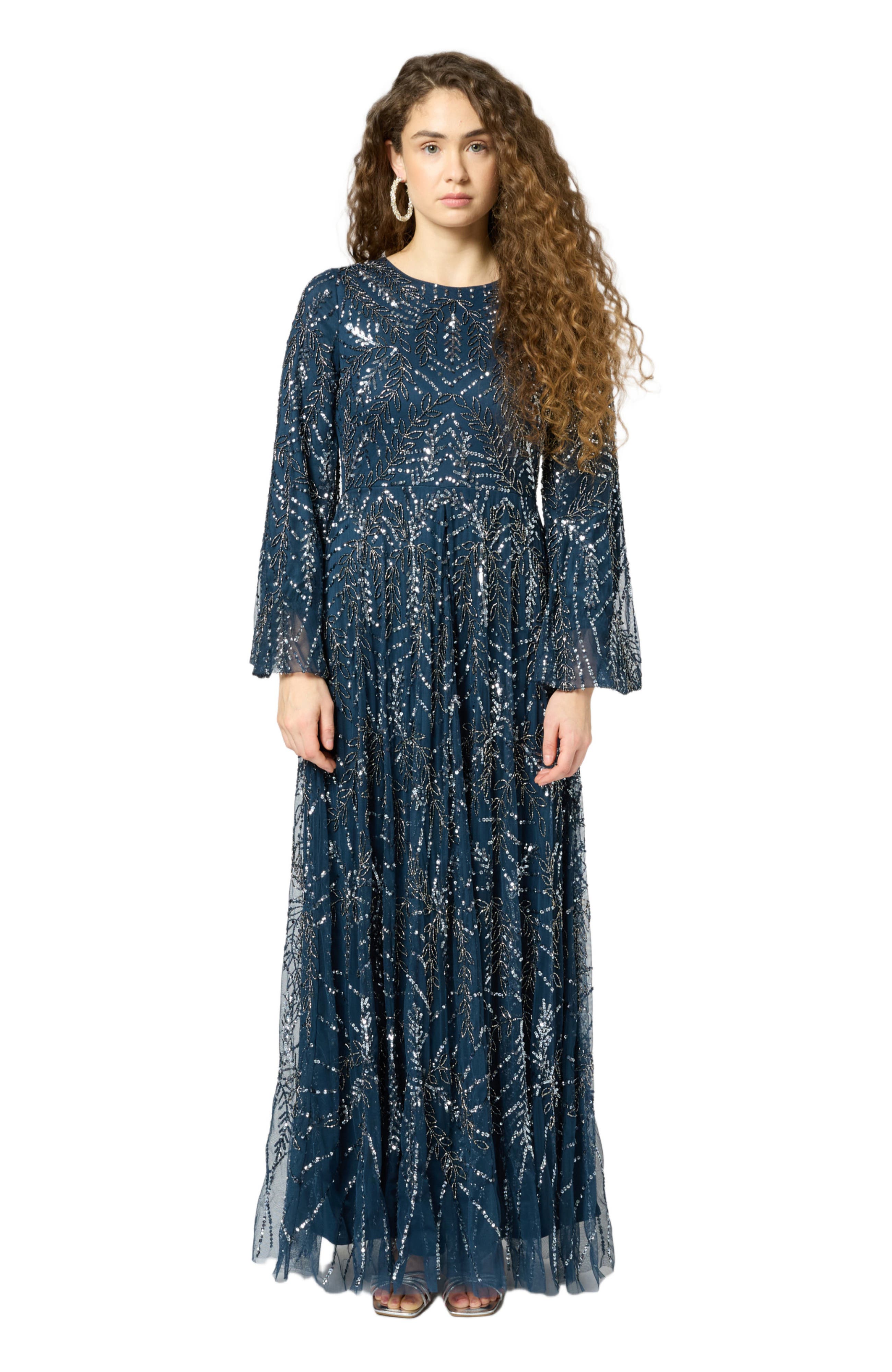 MARYISA Occasion Modest Embellished Sequin Beaded Floral Long Sleeves Evening Maxi Dress in Navy 