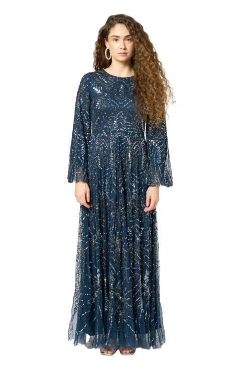 Occasion Modest Embellished Sequin Beaded Floral Long Sleeves Evening Maxi Dress