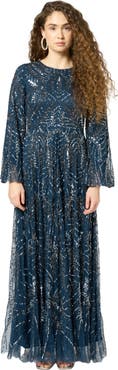MARYISA Occasion Modest Embellished Sequin Beaded Floral Long Sleeves Evening Maxi Dress