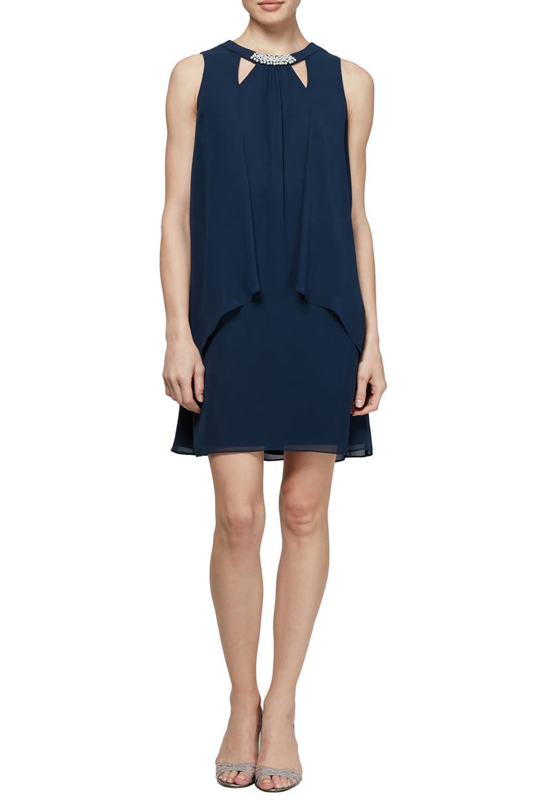 Chiffon Cutout Crew Neck Pearl Accent Dress  , Main, color, NAVY