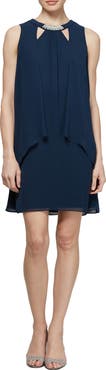 SL FASHIONS Chiffon Cutout Crew Neck Pearl Accent Dress
