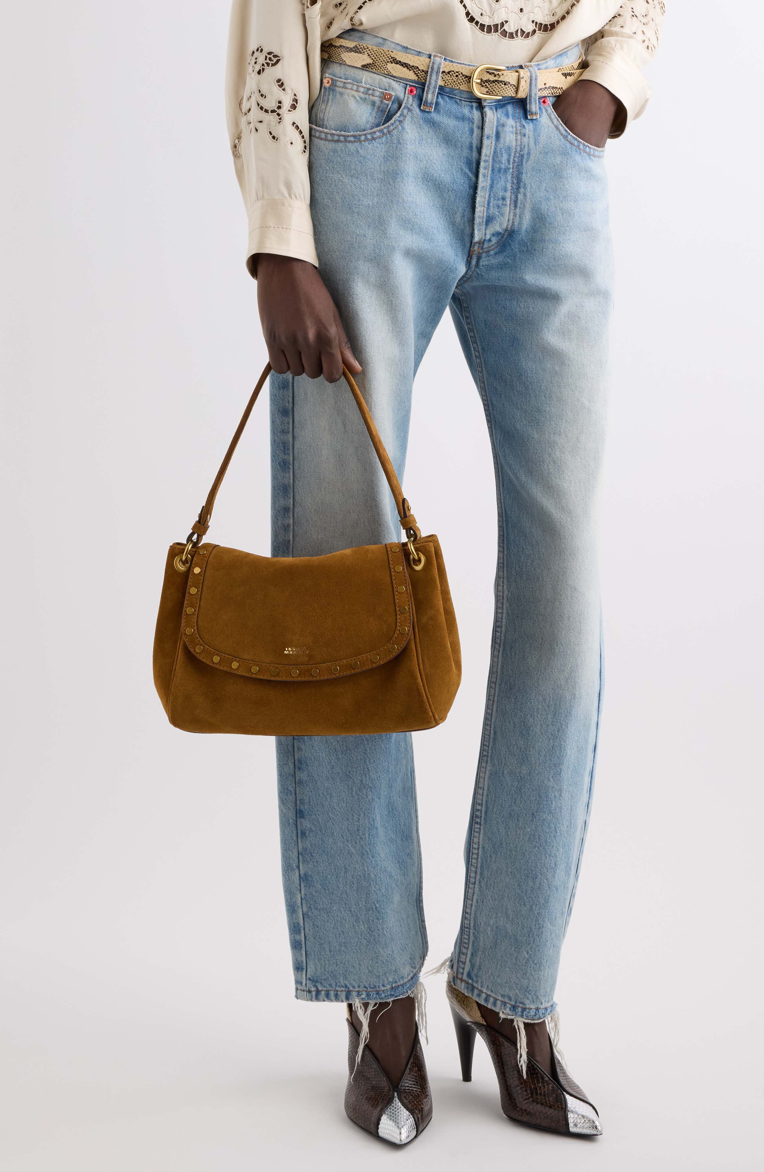Chany Studded Leather Shoulder Bag, Alternate, color, COGNAC 50CO
