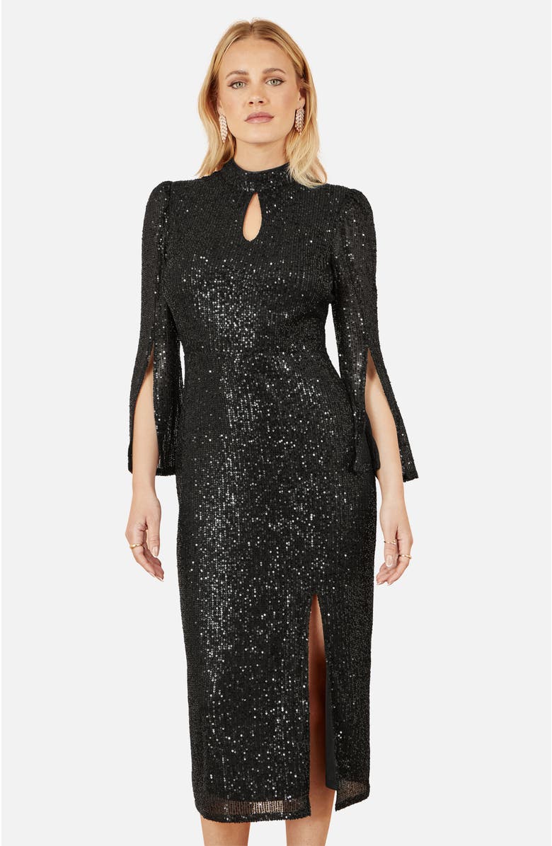 Yumi Sequin Fitted Midi Dress, Main, color, Black