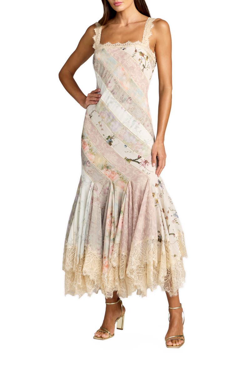 Floral Chiffon Midi Dress with Lace Trim, Main, color, Pastel Multi