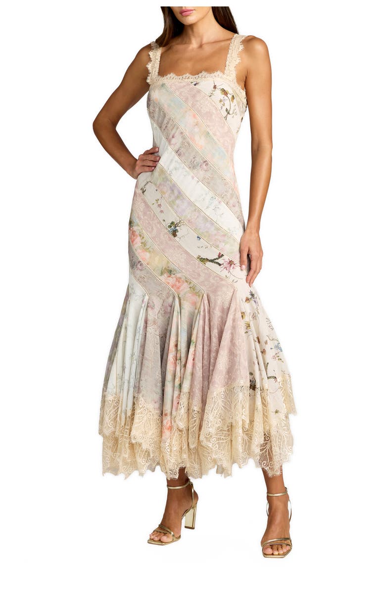 Mac Duggal Floral Chiffon Midi Dress with Lace Trim, Main, color, Pastel Multi