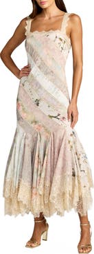 Mac Duggal Floral Chiffon Midi Dress with Lace Trim